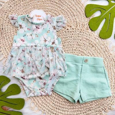 Conj. Body Floral  e Short em Linho - Verde